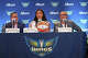 Dallas Wings guard Azzi Fudd, center, the No. 1 overall pick in the WNBA basketball draft, speaks as head coach Jose Fernandez, right, and general manager Curt Miller look on during an introductory news conference, Thursday, April 16, 2026, in Dallas. (AP Photo/LM Otero)