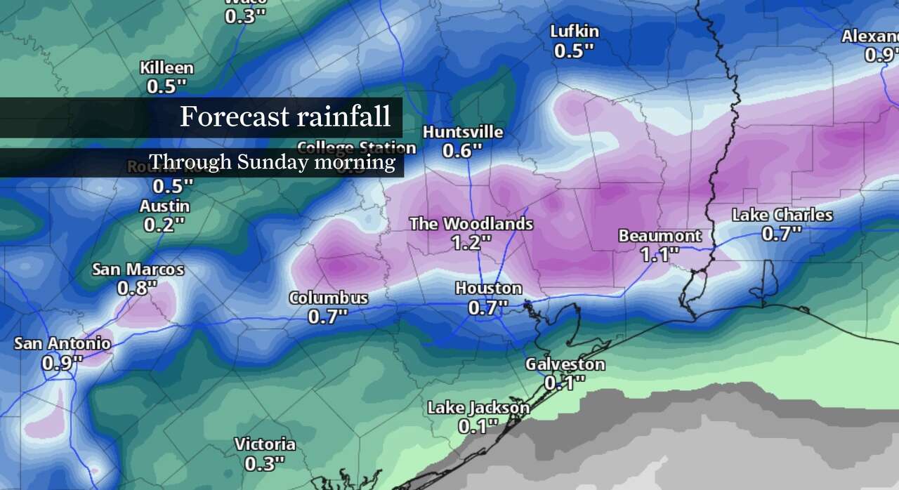 Forecast rainfall totals through Sunday morning are shown across Southeast Texas, according to NOAA's Weather Prediction Service.