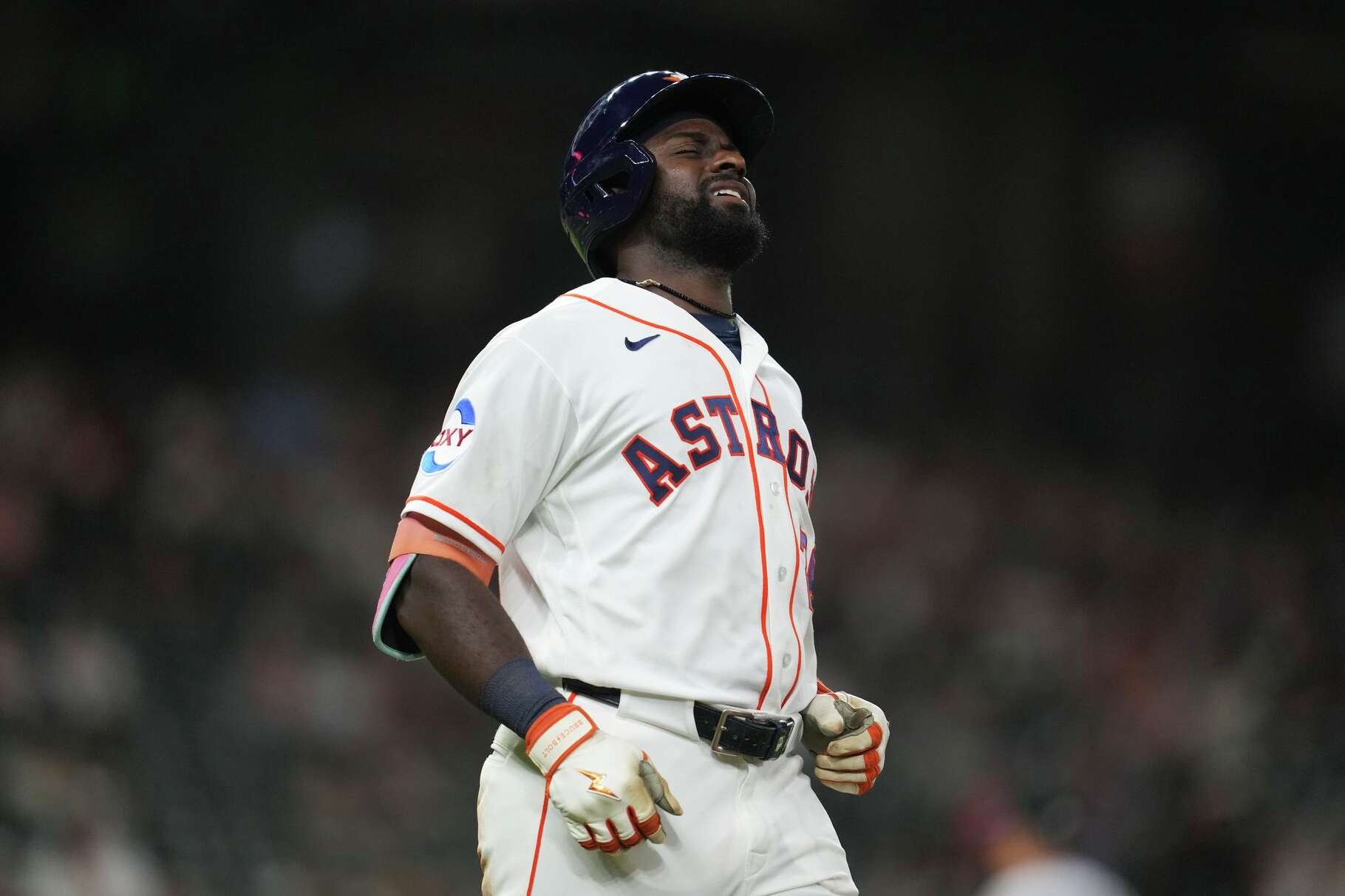 Houston Astros Taylor Trammell (26) reacts after lining out to end the eighth inning of an MLB baseball game at Daikin Park, Thursday, April 18, 2026, in Houston.