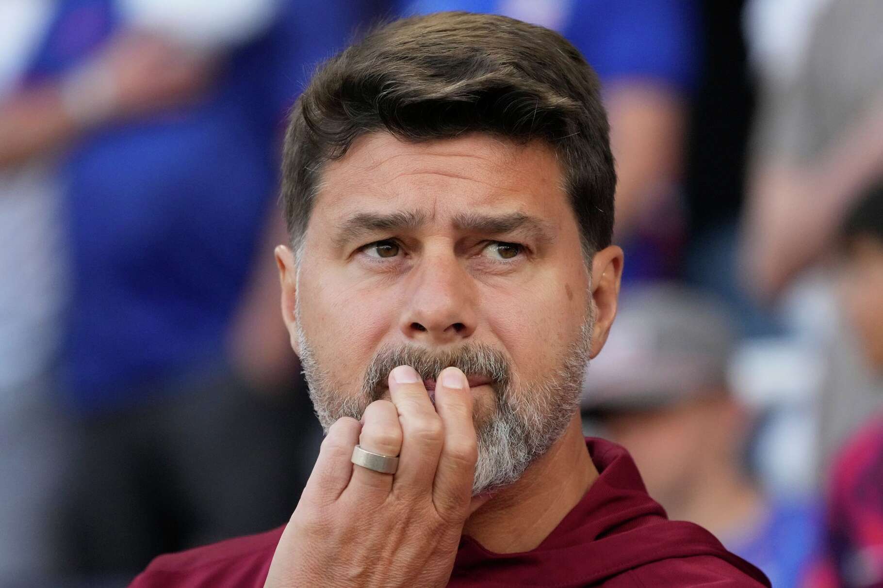 FILE - United States head coach Mauricio Pochettino looks onto the field during the first half of an international friendly soccer match against Switzerland, Tuesday, June 10, 2025, in Nashville, Tenn.