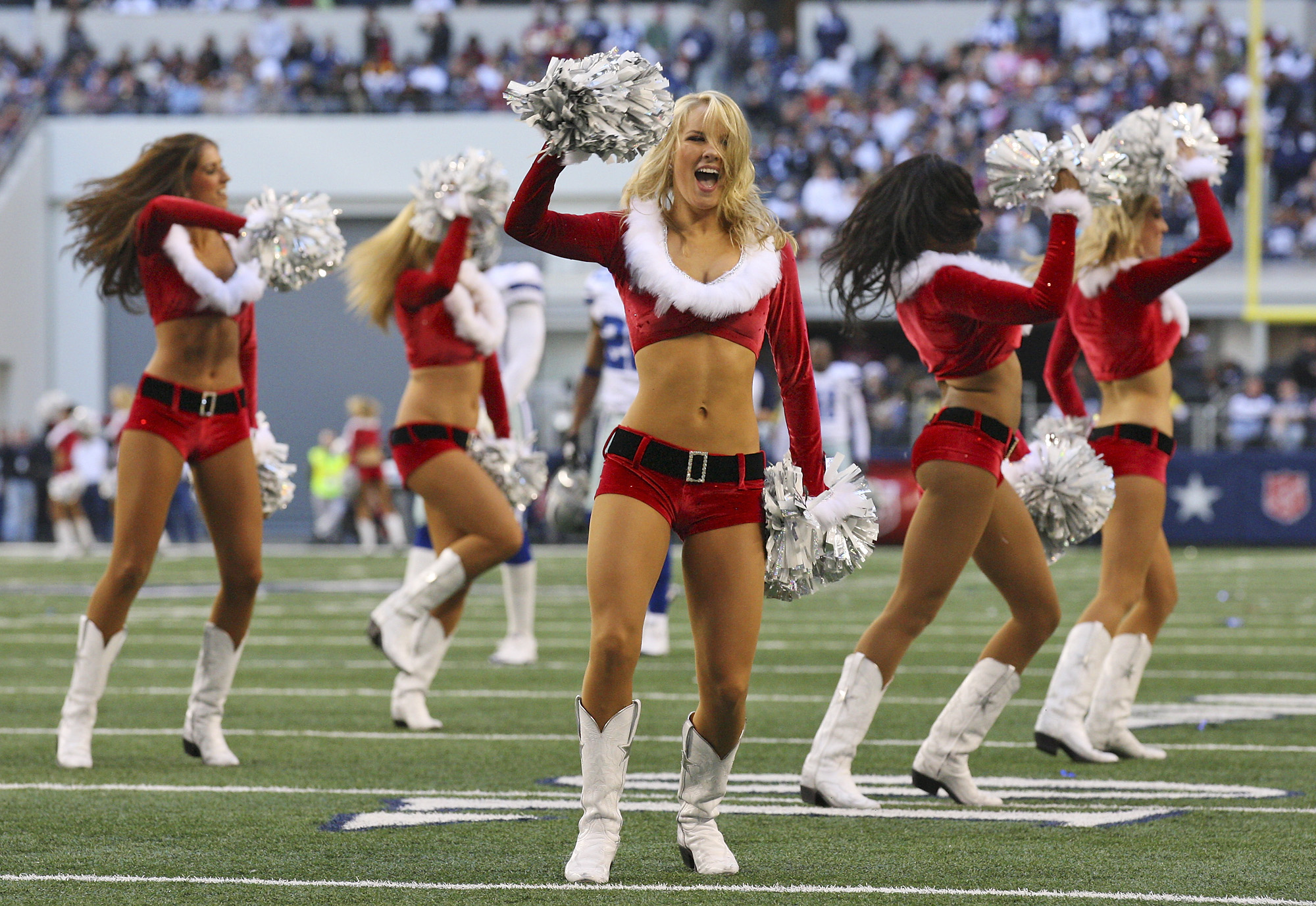 DCC in their Christmas uniforms  Dallas cowboys cheerleaders, Cheerleading,  Dallas cowboys