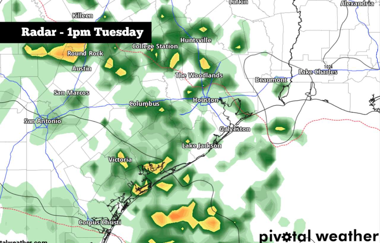 Widely scattered showers and storms are expected across the region on Tuesday.
