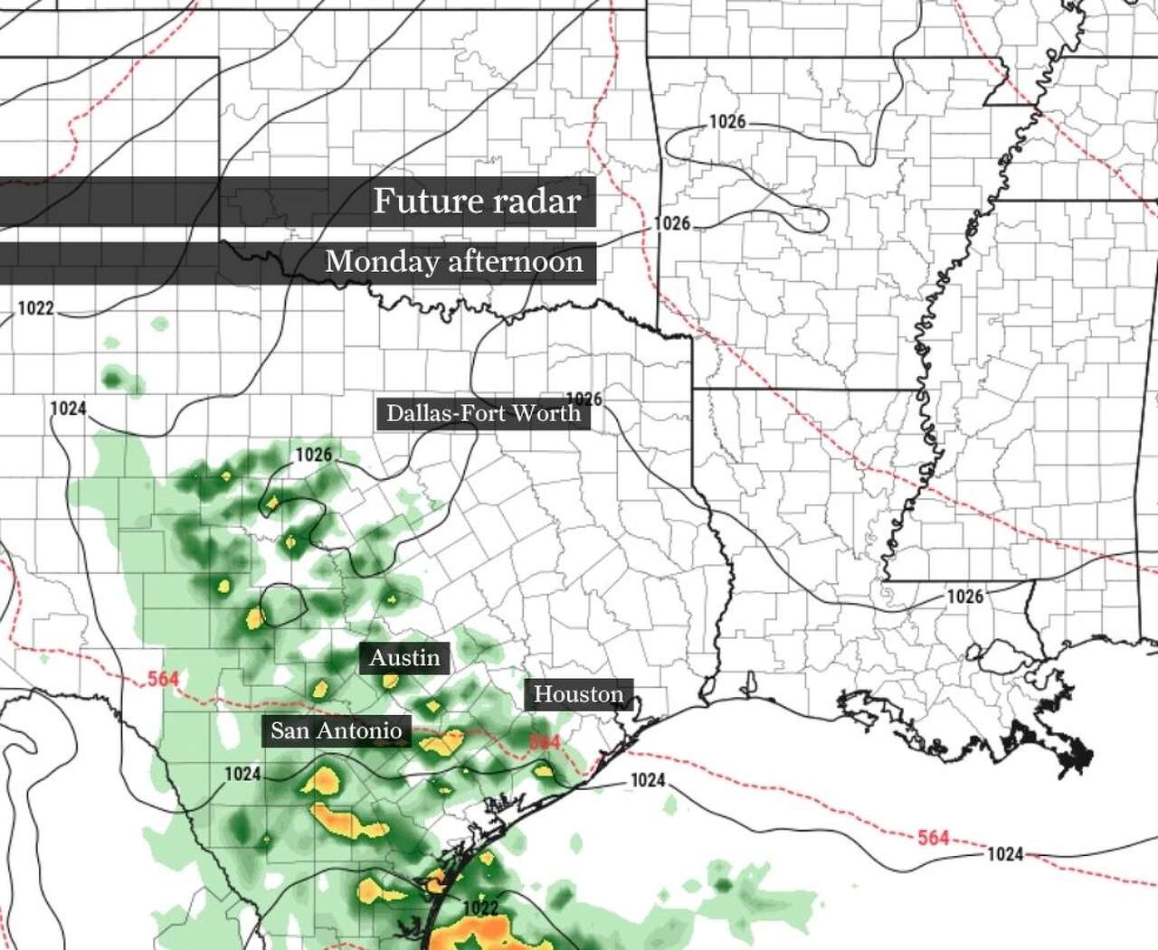 Scattered showers and thunderstorms are most likely west of Houston Monday, as shown by this image depicting how future radar could look during the afternoon.