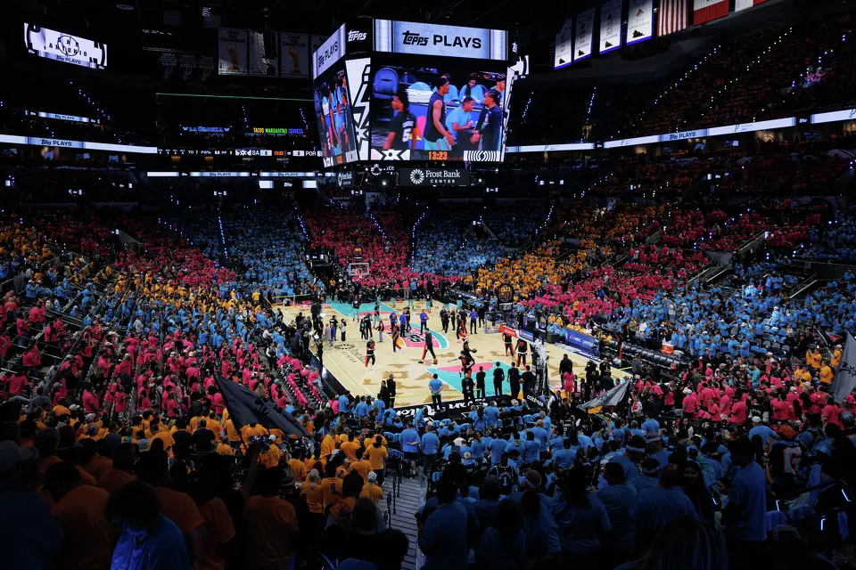 The San Antonio Spurs and Portland Trail Blazers warm up before the start of Game 1 of a first-round NBA playoff series at Frost Bank Center, Sunday, April 19, 2026, in San Antonio.
