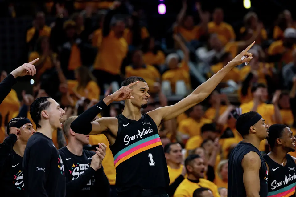 San Antonio Spurs forward Victor Wembanyama (1) reacts during the first half of Game 1 of a first-round NBA playoff series against the Portland Trail Blazers at Frost Bank Center, Sunday, April 19, 2026, in San Antonio.
