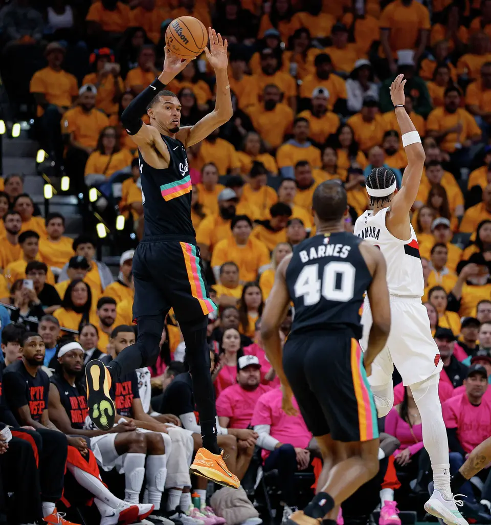 during the second half of Game 1 of a first-round NBA playoff series at Frost Bank Center, Sunday, April 19, 2026, in San Antonio. The Spurs won 111-98.