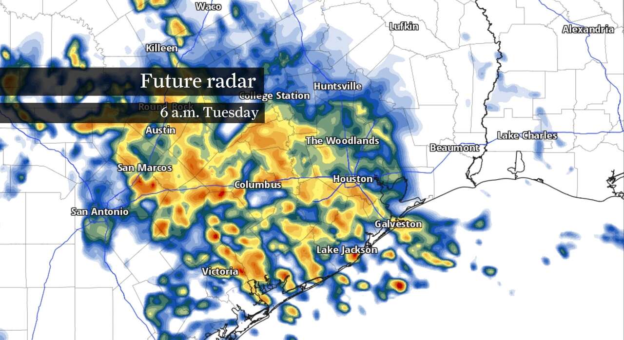 This map shows widespread rainfall across the Houston area Tuesday morning. Rain will be most widespread during the morning hours.