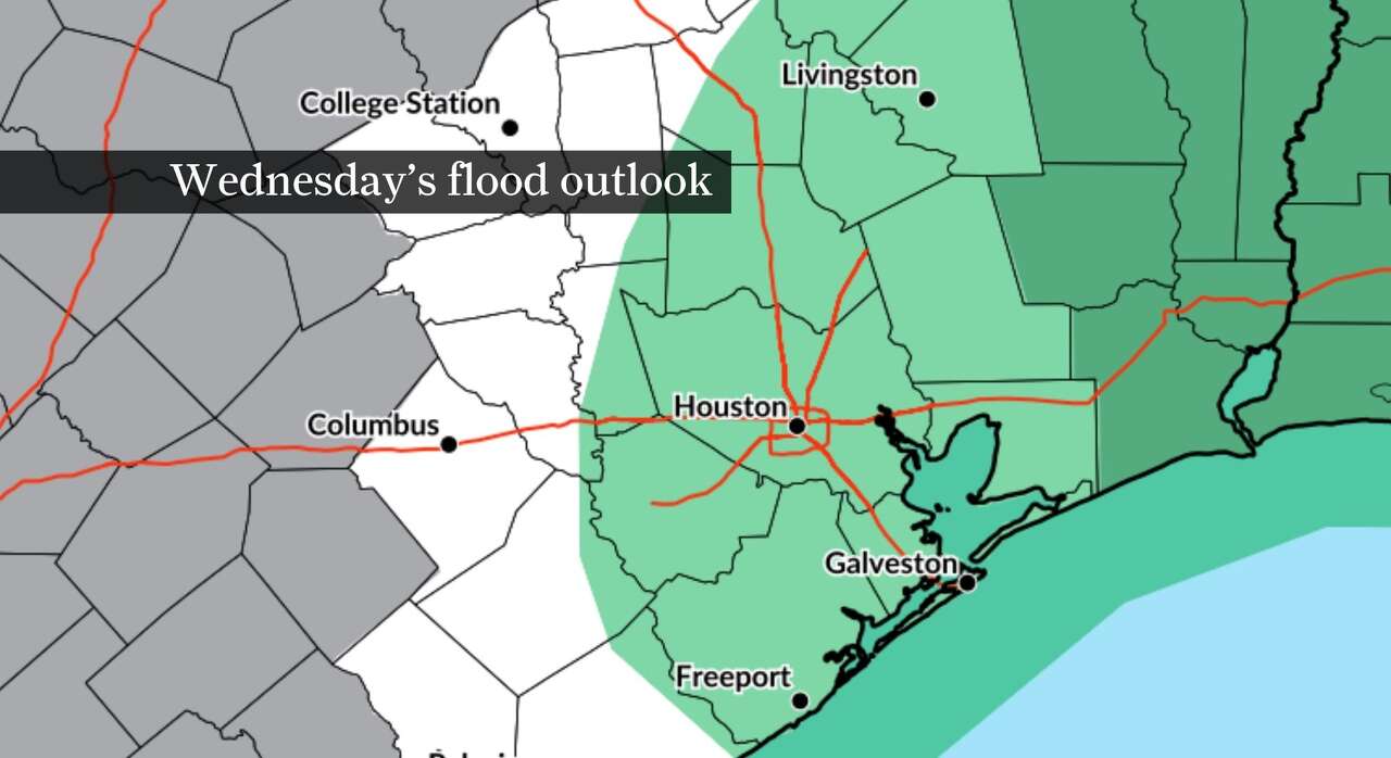 This map of Southeast Texas shows the flood outlook for Wednesday, according to NOAA's Weather Prediction Center. Storms that develop Wednesday afternoon could produce localized flooding, especially east of the Brazos River.