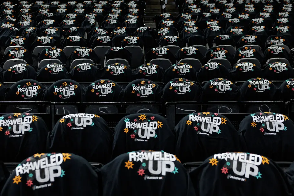 Black t-shirts await San Antonio Spurs before Game 2 of a first-round NBA playoff series between the San Antonio Spurs and the Portland Trail Blazers at Frost Bank Center in San Antonio, Tuesday, April 21, 2026.