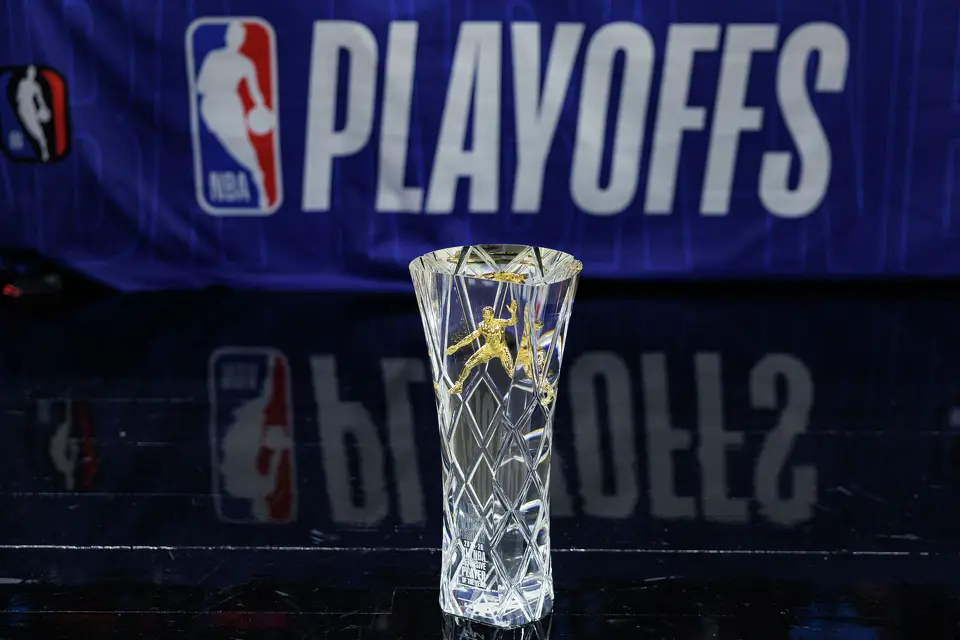 San Antonio Spurs forward Victor Wembanyama’s NBA Defensive Player of the Year trophy sits on the court before being presented to him before Game 2 of a first-round NBA playoffs basketball series against the Portland Trail Blazers in San Antonio, Tuesday, April 21, 2026