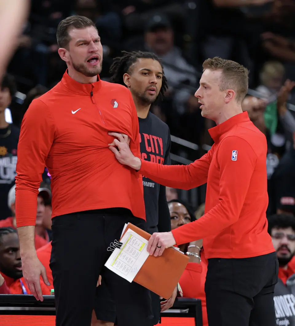 Portland Trail Blazers interim head coach Tiago Splitter reacts after receiving a technical foul during the second half of Game 2 of a first-round NBA playoff series at Frost Bank Center in San Antonio, Tuesday, April 21, 2026. The Spurs fell 106-103, evening the series at 1-1.