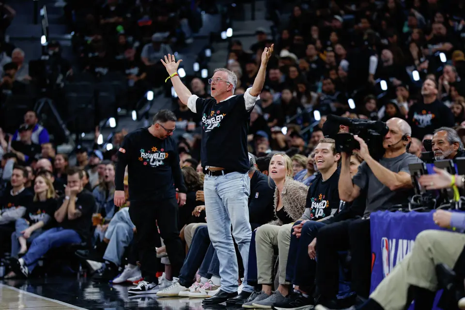 A fan reacts to a foul call on the San Antonio Spurs during the second half of Game 2 of a first-round NBA playoff series against the Portland Trail Blazers at Frost Bank Center in San Antonio, Tuesday, April 21, 2026. The Spurs fell 106-103, evening the series at 1-1.