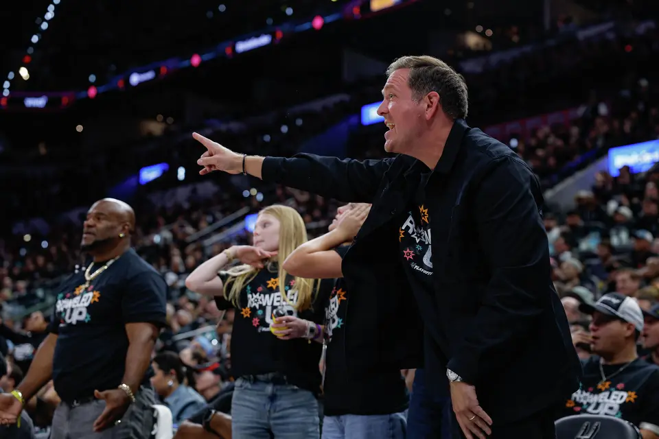 Peter J. Holt, managing partner and chairman of Spurs Sports & Entertainment, reacts to a referee’s call against the Spurs during the second half of Game 2 of a first-round NBA playoff series against the Portland Trail Blazers at Frost Bank Center in San Antonio, Tuesday, April 21, 2026. The Spurs fell 106-103, evening the series at 1-1.