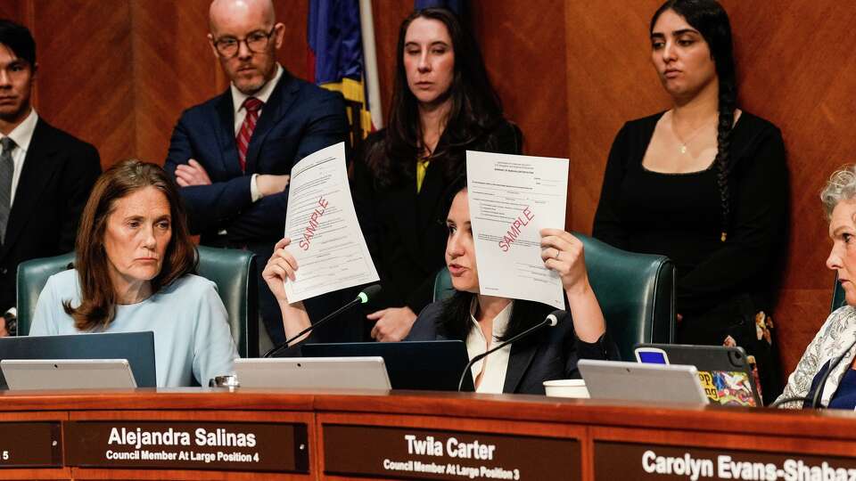 Houston City Council member Sandra Salinas speaks during a City Council meeting considering whether to repeal a newly approved proposal limiting cooperation with U.S. Immigration and Customs Enforcement at City Hall in Houston on Wednesday, April 22, 2026.