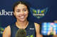 Dallas Wings guard Azzi Fudd addresses reporters on the team’s opening day of training camp at College Park Center on Sunday, April 19, 2026, in Arlington.