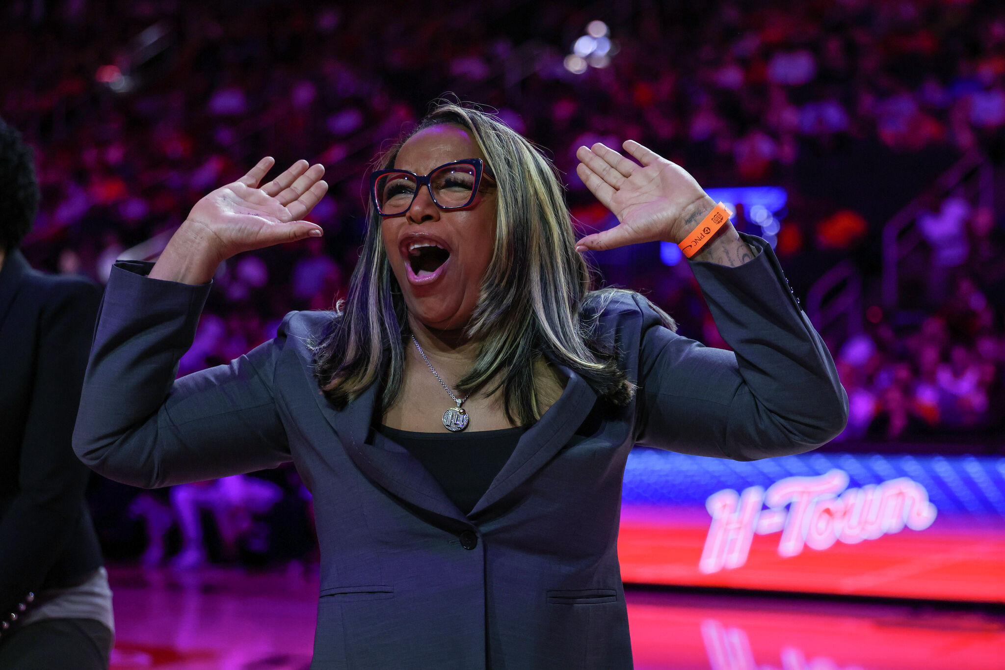 Houston Comets legend Cynthia Cooper celebrating at Toyota Center in 2026