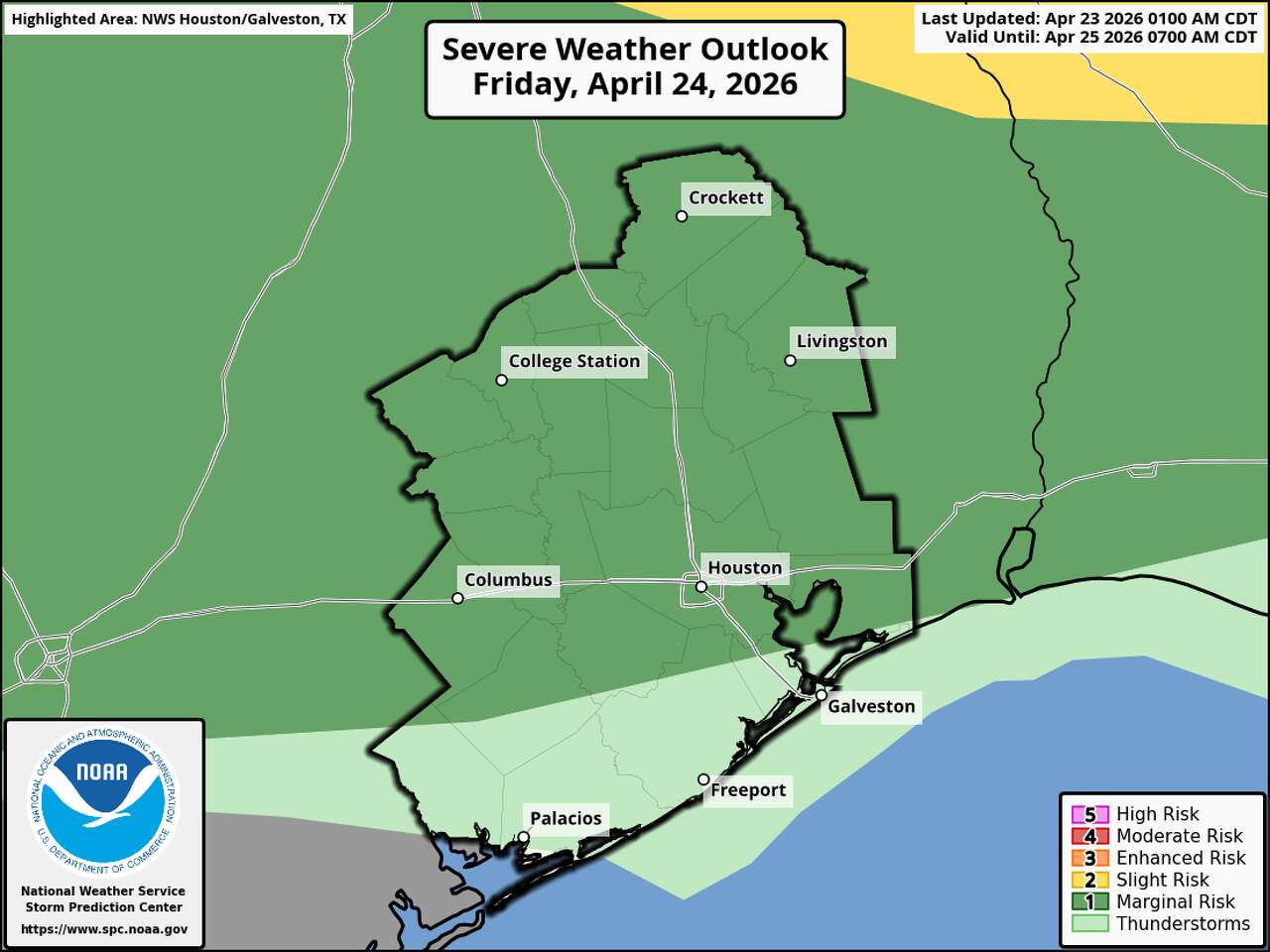 Shown is the severe storms outlook for Southeast Texas on Friday, as noted by NOAA's Storm Prediction Center. This outlook was captured Thursday afternoon and may not reflect the latest information.
