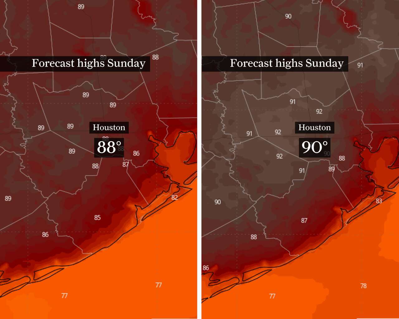 Forecast high temperatures across Southeast Texas show Houston reaching the upper 80s to near 90 degrees this weekend, warmer than the “light jacket” weather often associated with late April.