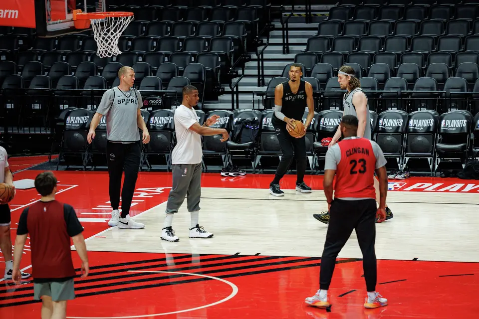 San Antonio Spurs forward Victor Wembanyama readies to take a shot at shootaround at the Moda Center in Portland, Ore., Friday, April 24, 2026, as the Spurs prepare for Game 3 against the Portland Trail Blazers.