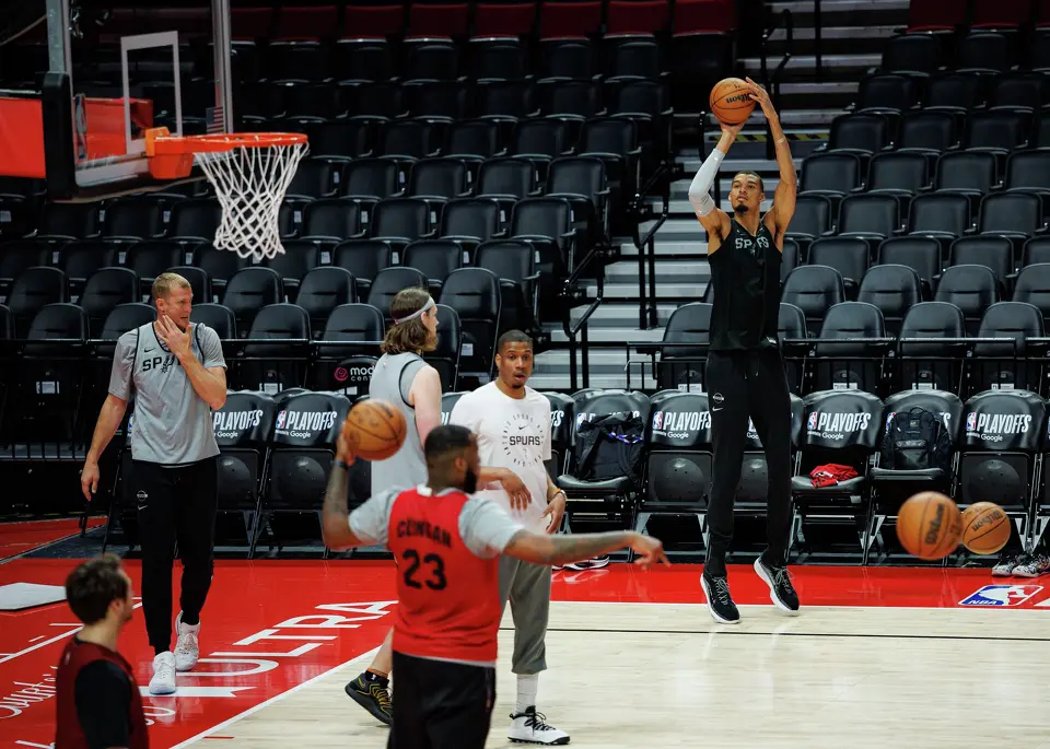 San Antonio Spurs forward Victor Wembanyama participates in shootaround at the Moda Center in Portland, Ore., Friday, April 24, 2026, as the Spurs prepare for Game 3 against the Portland Trail Blazers.