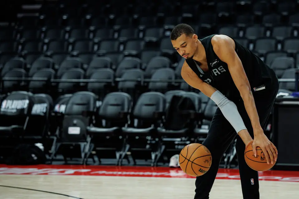 San Antonio Spurs forward Victor Wembanyama participates in shootaround at the Moda Center in Portland, Ore., Friday, April 24, 2026, as the Spurs prepare for Game 3 against the Portland Trail Blazers.