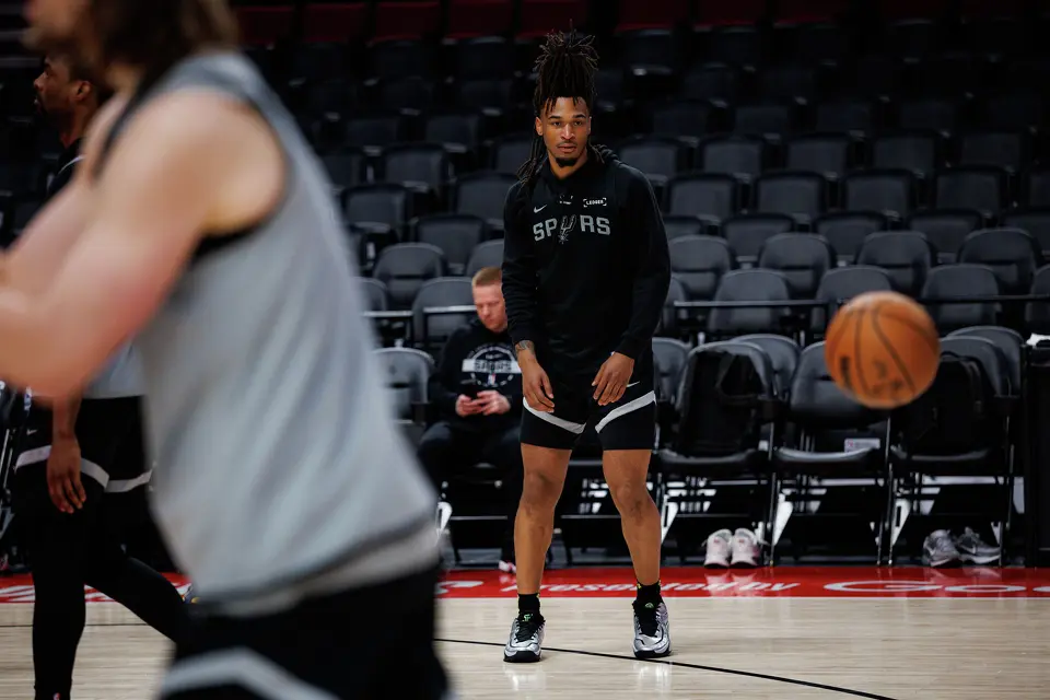 San Antonio Spurs guard Stephon Castle (5) participates in shootaround at the Moda Center in Portland, Ore., Friday, April 24, 2026, as the Spurs prepare for Game 3 against the Portland Trail Blazers.