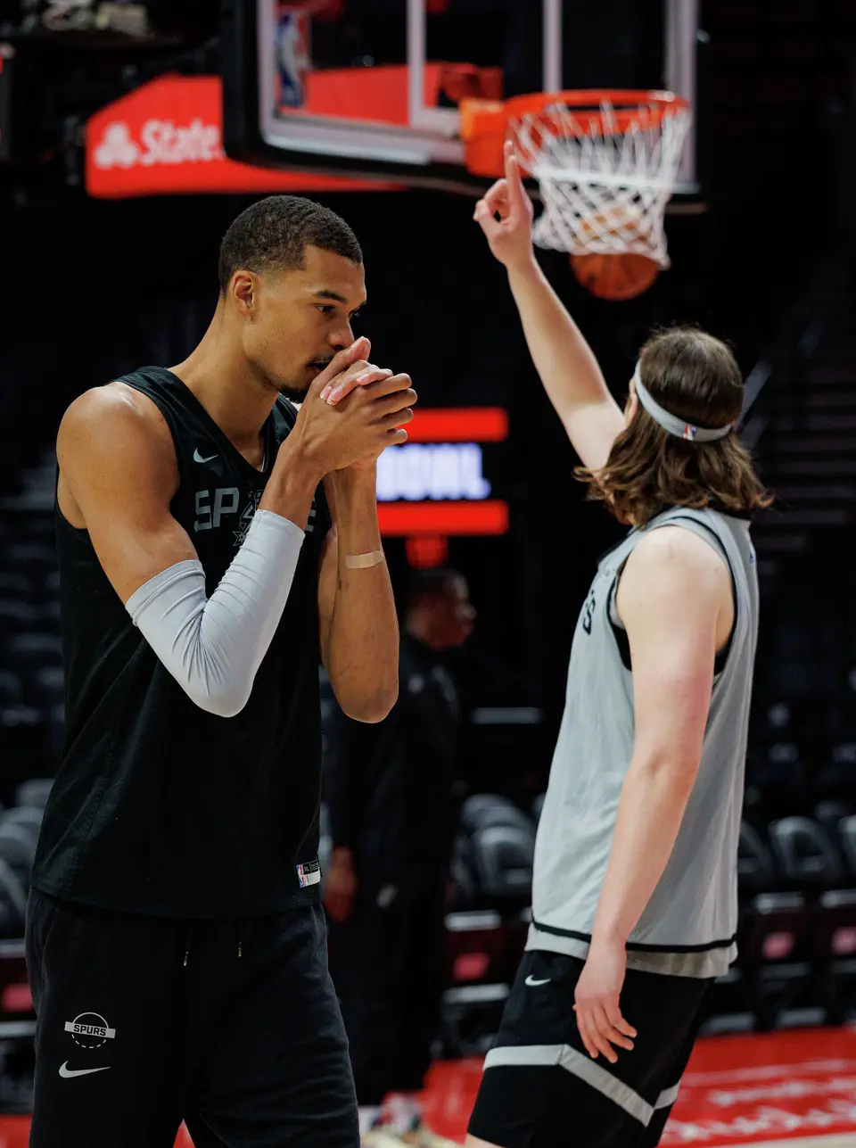 San Antonio Spurs forward Victor Wembanyama participates in shootaround at the Moda Center in Portland, Ore., Friday, April 24, 2026, as the Spurs prepare for Game 3 against the Portland Trail Blazers.