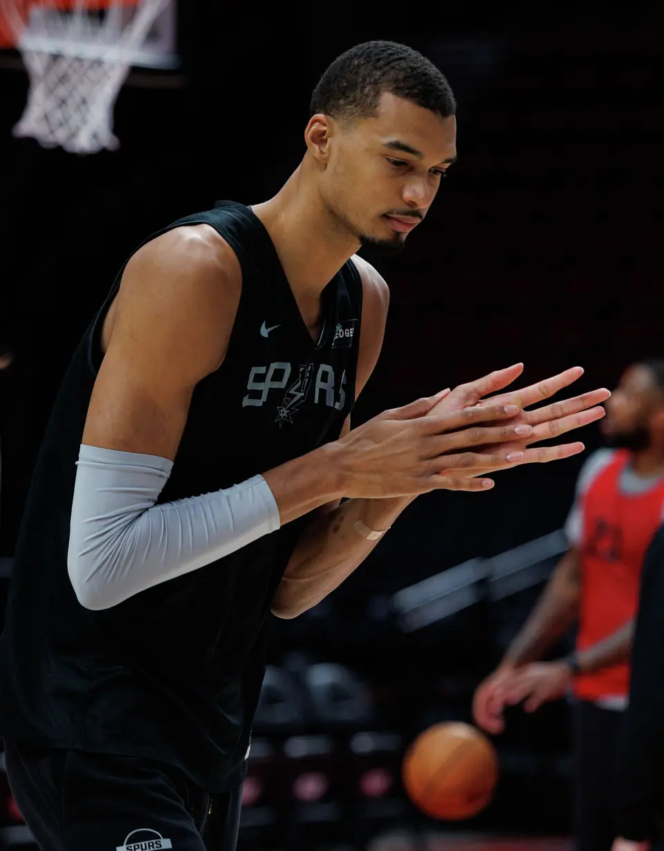 San Antonio Spurs forward Victor Wembanyama participates in shootaround at the Moda Center in Portland, Ore., Friday, April 24, 2026, as the Spurs prepare for Game 3 against the Portland Trail Blazers.
