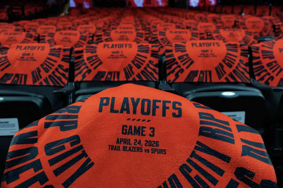 Towels are laid out on each chair for fans before Game 3 of a first-round NBA playoff series between the Portland Trail Blazers and the San Antonio Spurs at Moda Center in Portland, Friday, April 24, 2026.