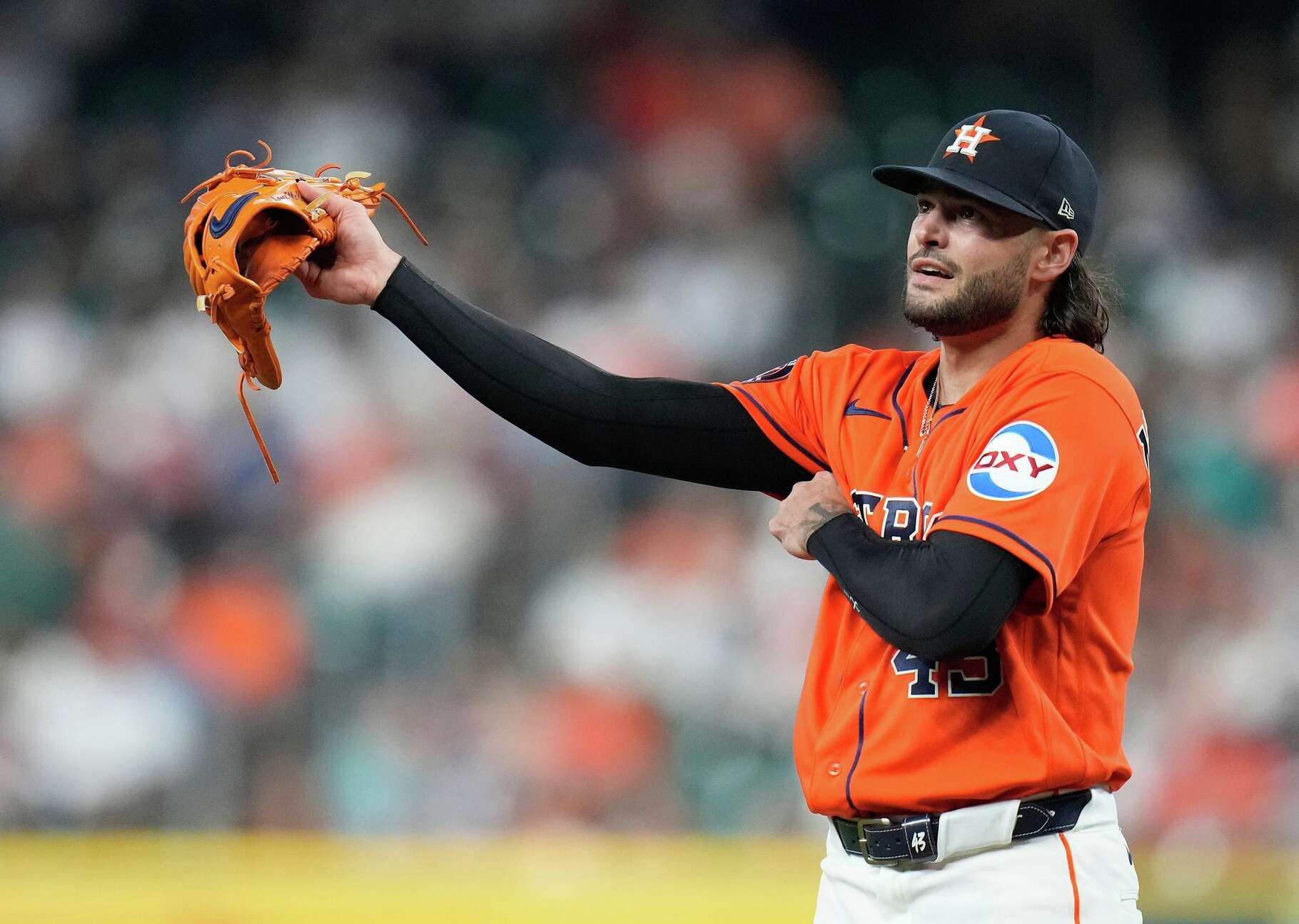 Houston Astros starting pitcher Lance McCullers Jr. reacts after New York Yankees' Ben Rice's RBI into a fielder's choice during the first inning of a baseball game, Friday, April 24, 2026, in Houston. (AP Photo/ Karen Warren)