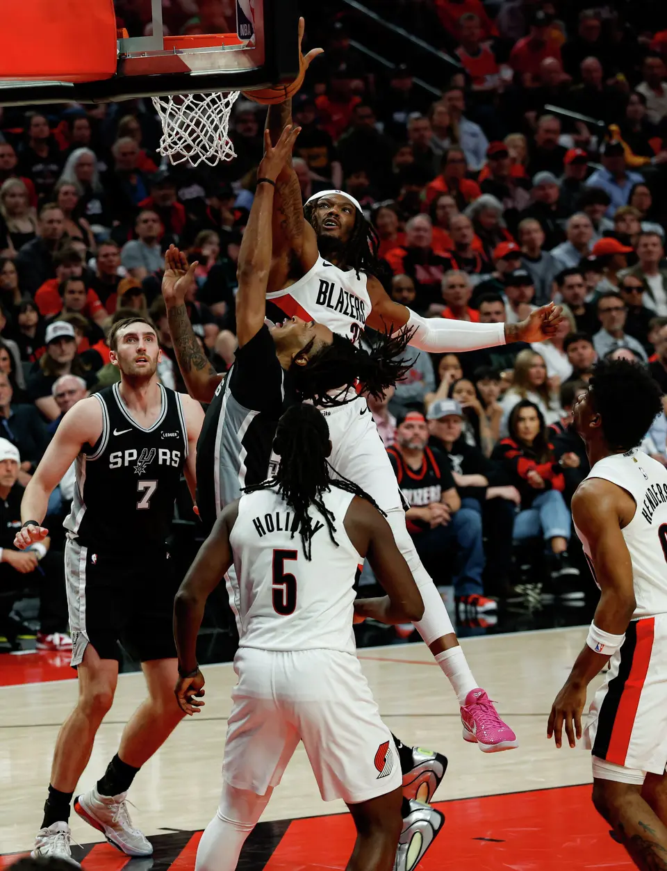 Portland Trail Blazers center Robert Williams III (35) blocks San Antonio Spurs guard Stephon Castle (5) during the second quarter of Game 3 of a first-round NBA playoff series at Moda Center in Portland, Friday, April 24, 2026.
