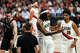 Portland Trail Blazers center Robert Williams III (35) reacts as the referees call a foul against him while he was guarding San Antonio Spurs guard Stephon Castle (5) during the second quarter of Game 3 of a first-round NBA playoff series at Moda Center in Portland, Friday, April 24, 2026.