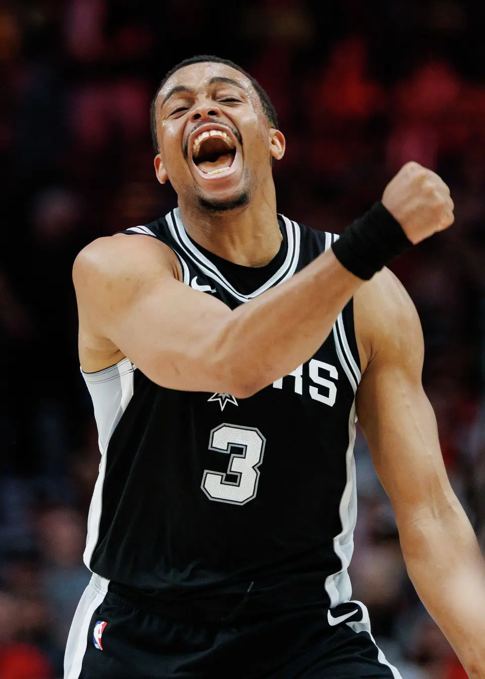 San Antonio Spurs forward Keldon Johnson (3) reacts as the Spurs take the lead during the third quarter of Game 3 of a first-round NBA playoff series at Moda Center in Portland, Friday, April 24, 2026.