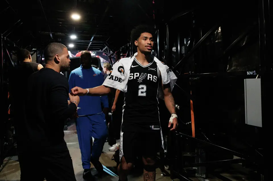 San Antonio Spurs guard Dylan Harper (2) walks back to the locker room following the Spurs’ 120-108 victory over the Portland Trail Blazers in Game 3 of a first-round NBA playoff series at Moda Center in Portland, Saturday, April 25, 2026.