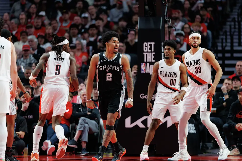 San Antonio Spurs guard Dylan Harper (2) plays in the during the third quarter of Game 3 of a first-round NBA playoff series against the Portland Trail Blazers at Moda Center in Portland, Friday, April 24, 2026. The Spurs defeated the Trail Blazers 120-108.