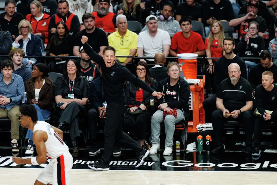 San Antonio Spurs head coach Mitch Johnson yells at his team during the second quarter of Game 3 of a first-round NBA playoff series against the Portland Trail Blazers at Moda Center in Portland, Friday, April 24, 2026.