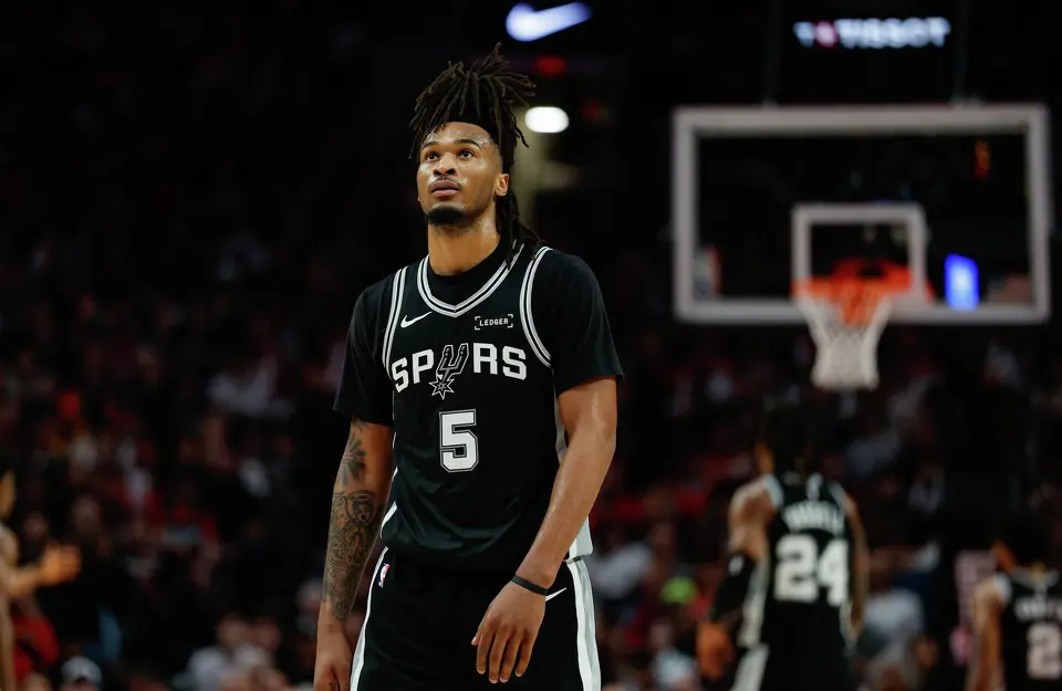 San Antonio Spurs guard Stephon Castle (5) plays during the third quarter of Game 3 of a first-round NBA playoff series against the Portland Trail Blazers at Moda Center in Portland, Friday, April 24, 2026.