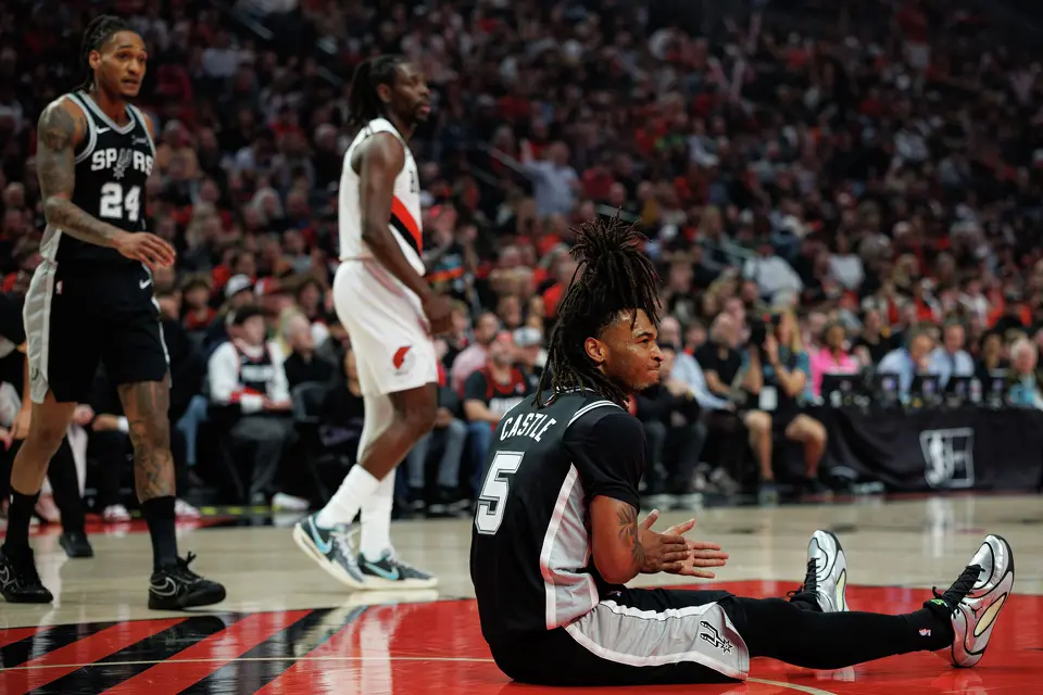 San Antonio Spurs guard Stephon Castle (5) reacts after being fouled during the first quarter of Game 3 of a first-round NBA playoff series against the Portland Trail Blazers at Moda Center in Portland, Friday, April 24, 2026.