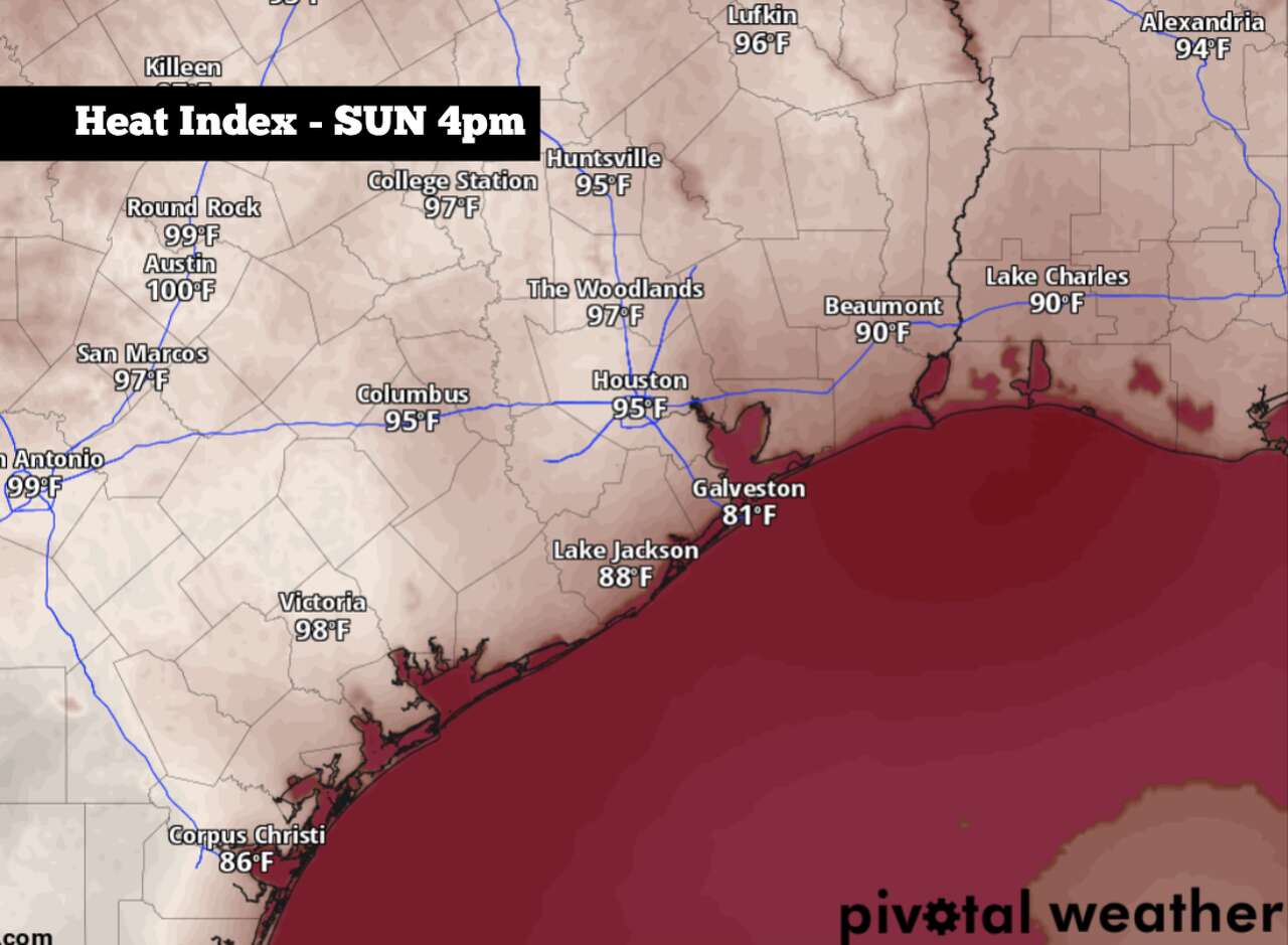 Shown are the expected heat index values across Southeast Texas at 4 p.m. Sunday afternoon.