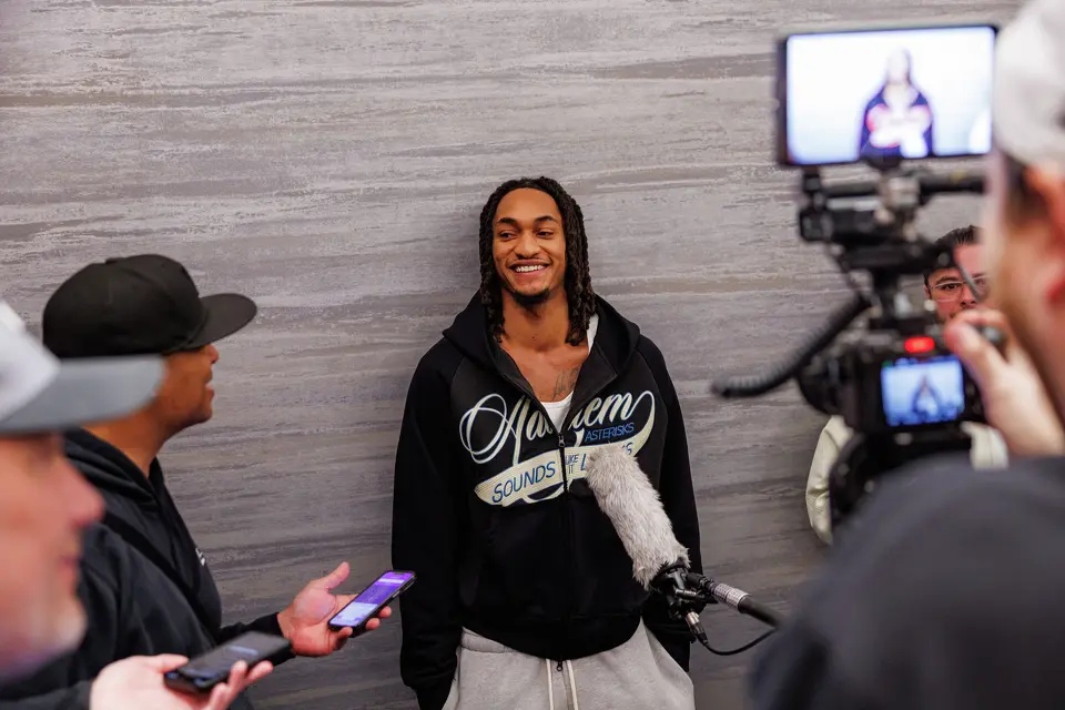 San Antonio Spurs guard Devin Vassell speaks with reporters at the team hotel on an off day during a first-round NBA playoff series against the Portland Trail Blazers, Saturday, April 25, 2026, in Portland, Ore. The Spurs face the Trail Blazers in Game 4 on Sunday afternoon.