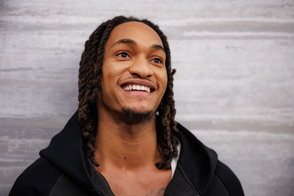 San Antonio Spurs guard Devin Vassell speaks with reporters at the team hotel on an off day during a first-round NBA playoff series against the Portland Trail Blazers, Saturday, April 25, 2026, in Portland, Ore. The Spurs face the Trail Blazers in Game 4 on Sunday afternoon.
