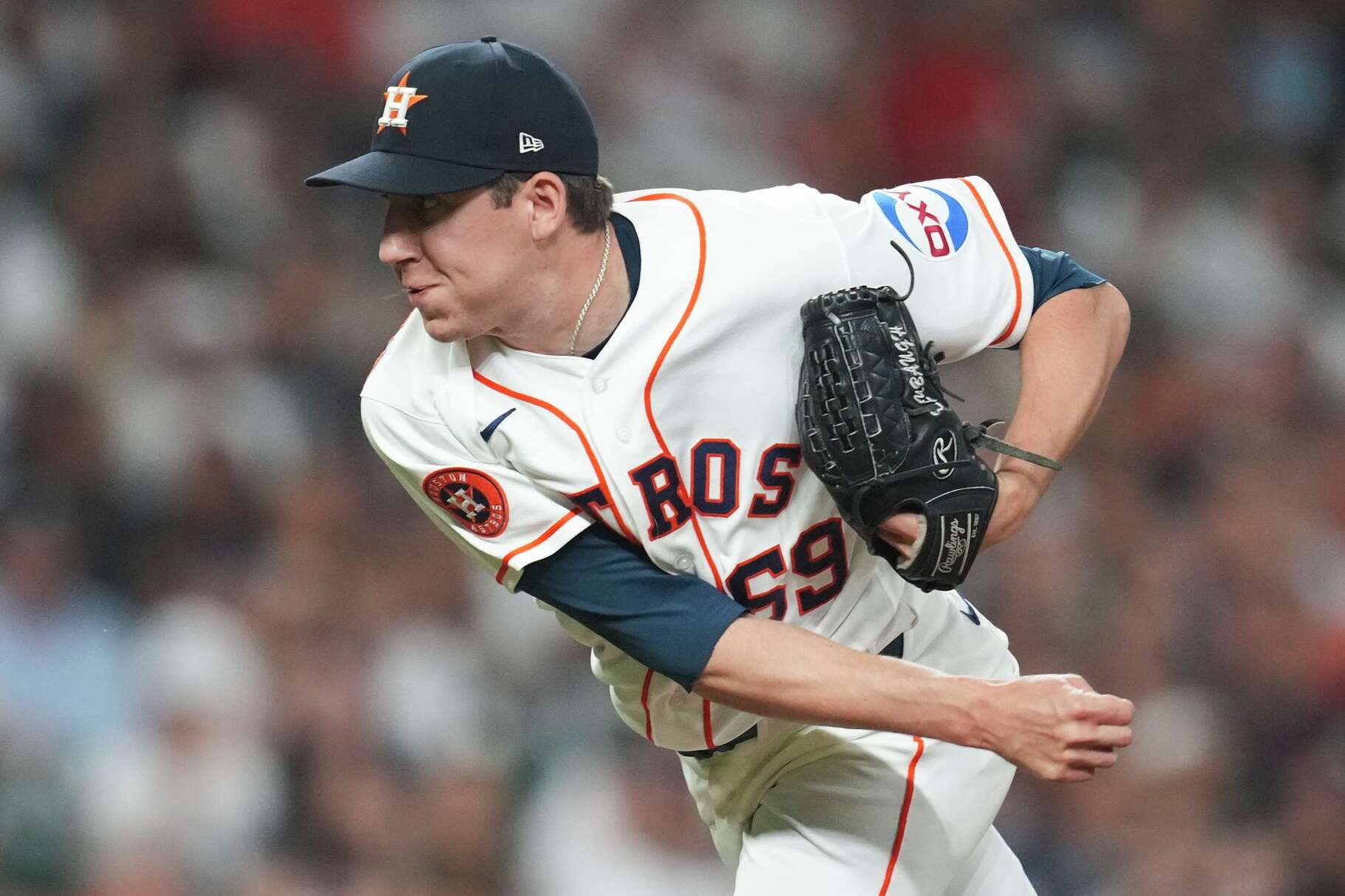 Houston Astros pitcher AJ Blubaugh (69) delivers during the seventh inning of an MLB baseball game at Daikin Park, Saturday, April 25, 2026, in Houston.