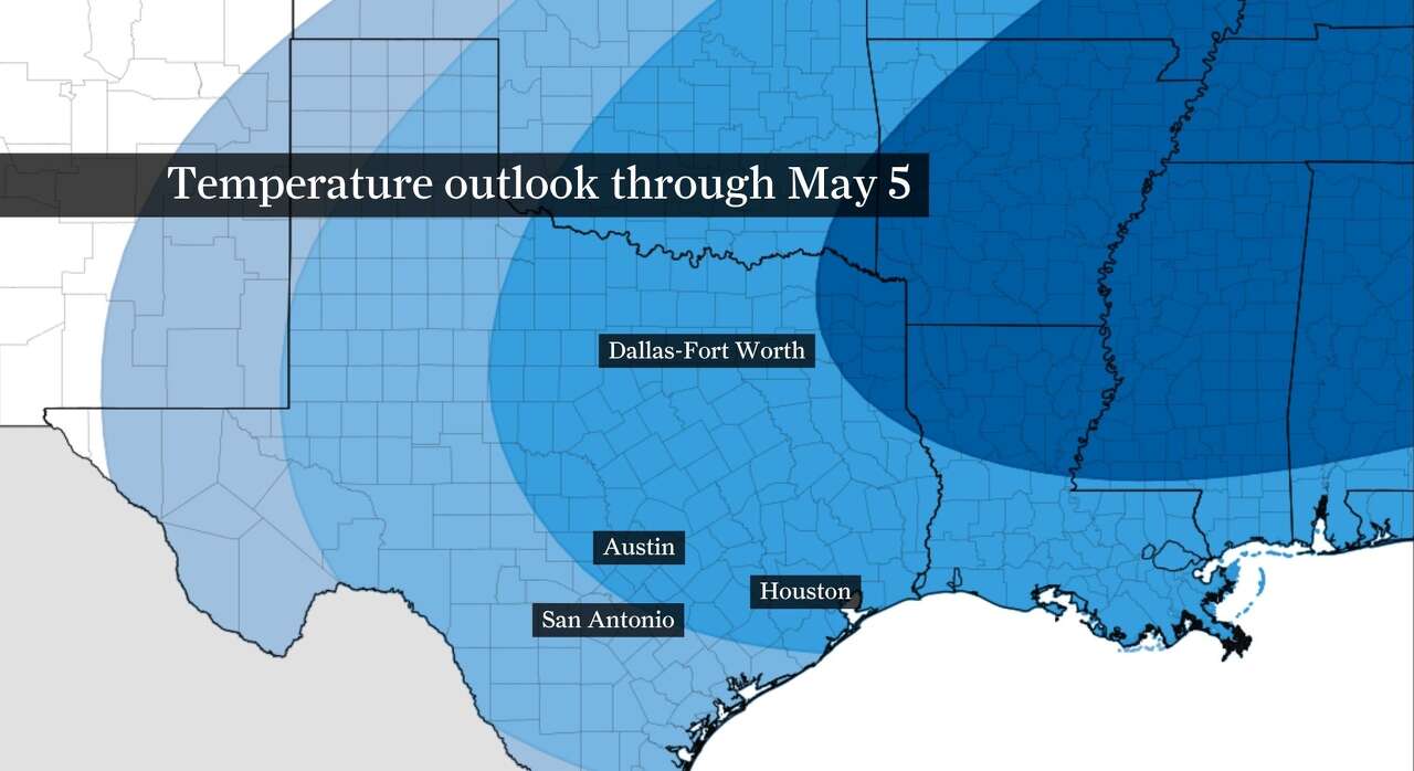 Below normal temperatures are expected through the first five days of May, according to NOAA's Climate Prediction Center outlook.