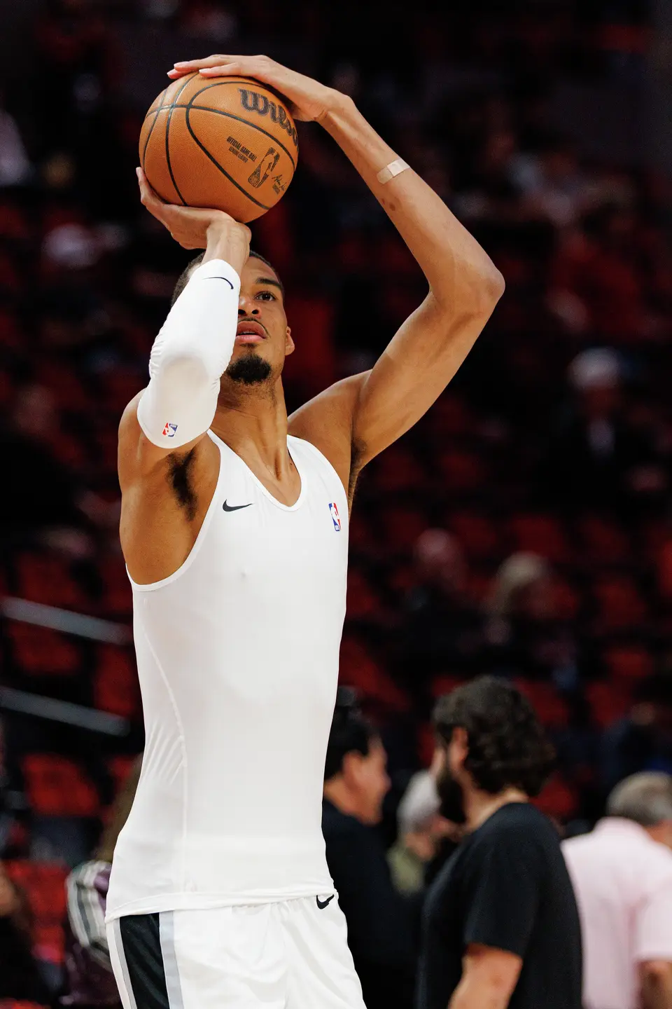 San Antonio Spurs forward Victor Wembanyama (1) warms up before Game 4 of a first-round NBA playoff series against the Portland Trail Blazers at Moda Center on Sunday, April 26, 2026.