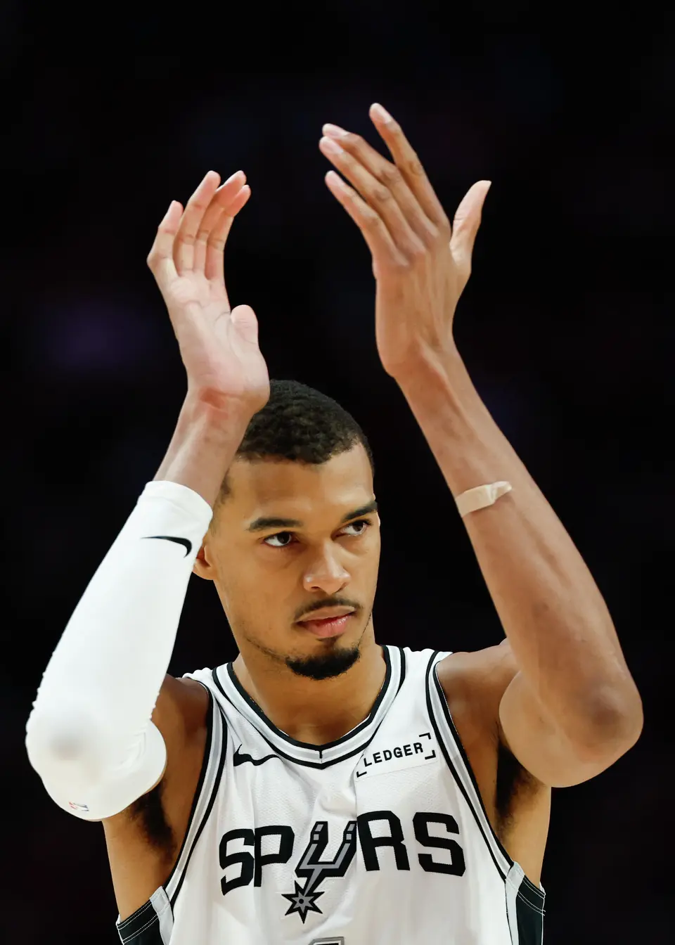 San Antonio Spurs forward Victor Wembanyama (1) claps his hands during the third quarter of Game 4 of a first-round NBA playoff series Portland Trail Blazers at Moda Center on Sunday, April 26, 2026.