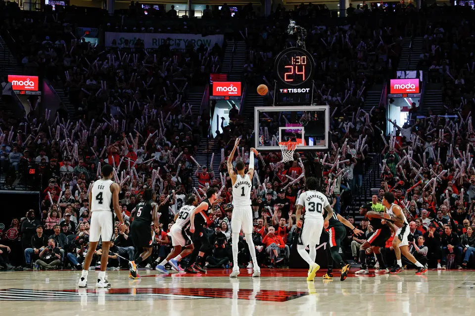 San Antonio Spurs forward Victor Wembanyama (1) shoots a free-throw during the third quarter of Game 4 of a first-round NBA playoff series against the Portland Trail Blazers at Moda Center on Sunday, April 26, 2026. The Spurs won 114-93, leading the series 3-1.