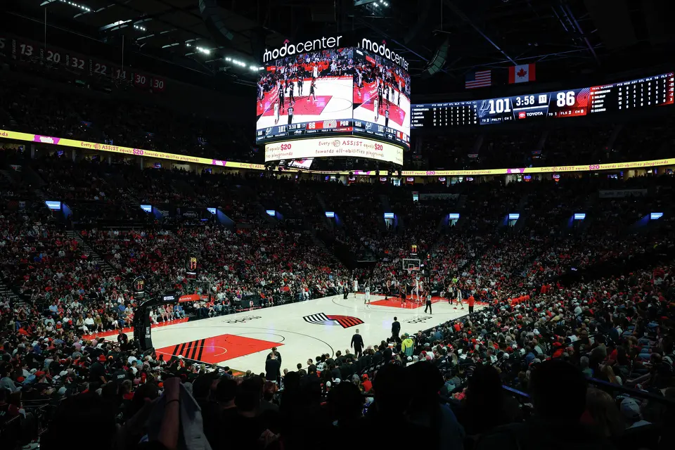 The San Antonio Spurs take on the Portland Trail Blazers during the fourth quarter of Game 4 of a first-round NBA playoff series at Moda Center on Sunday, April 26, 2026. The Spurs won 114-93, leading the series 3-1.