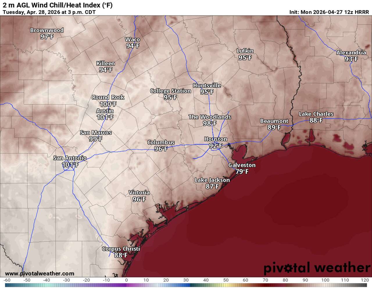 Heat index values Tuesday afternoon will approach 100 degrees in some parts of Southeast Texas.