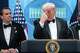 President Donald Trump gestures as he speaks in the James Brady Press Briefing Room at the White House after a shooting incident outside the ballroom at at the annual White House Correspondents' Association dinner in Washington, Saturday, April 25, 2026.