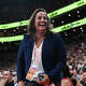 Connecticut Sun President Jen Rizzotti reacts during a WNBA game between the Indiana Fever and the Connecticut Sun on July 15, 2025, at TD Garden in Boston, MA.